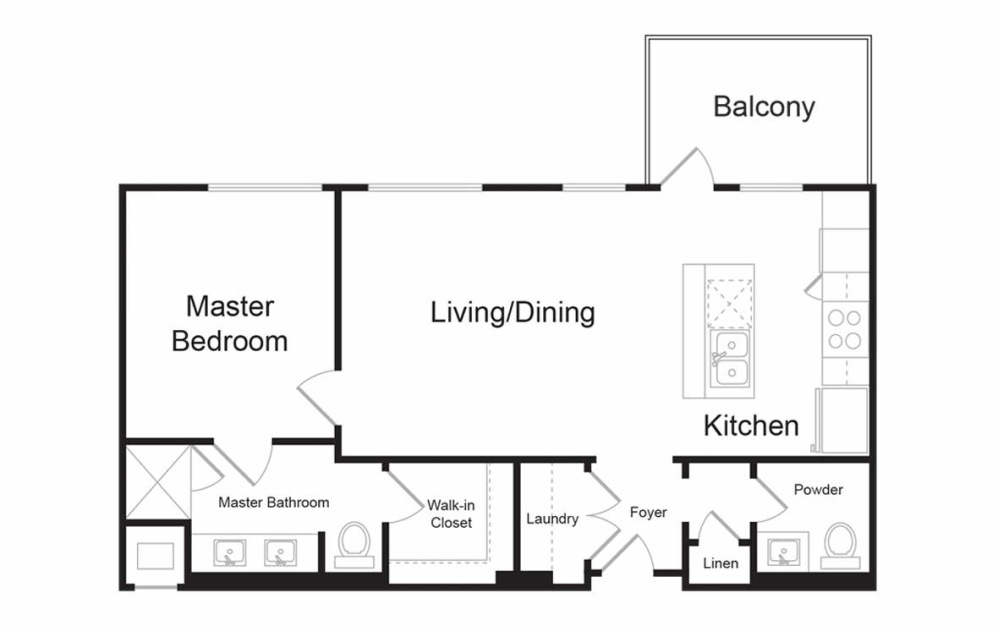 B1 - 1 bedroom floorplan layout with 1.5 bathroom and 865 square feet (2D)