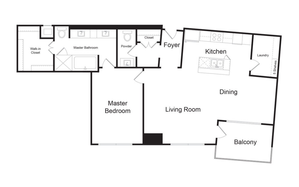 B11 - 1 bedroom floorplan layout with 1.5 bathroom and 1298 square feet (2D)