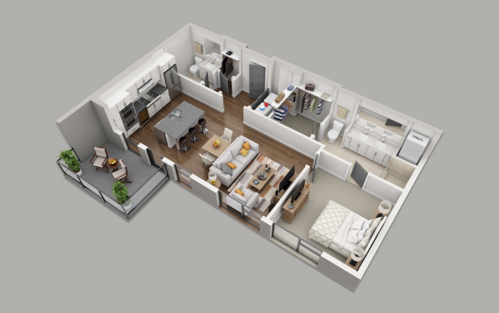 B1 - 1 bedroom floorplan layout with 1.5 bathroom and 865 square feet (3D)