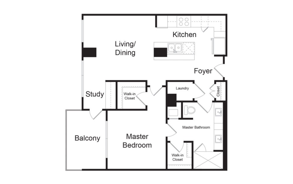 B2 - 1 bedroom floorplan layout with 1 bathroom and 906 square feet (2D)