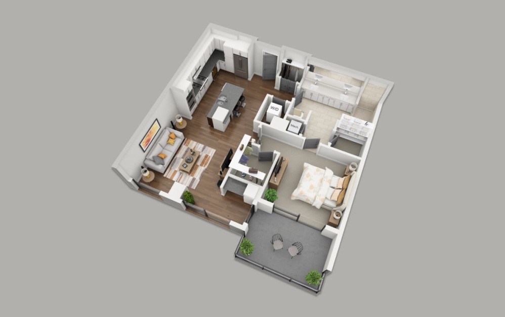 B2 - 1 bedroom floorplan layout with 1 bathroom and 906 square feet (3D)