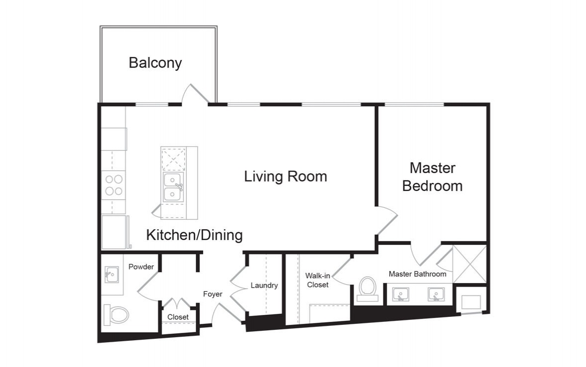 B3 - 1 bedroom floorplan layout with 1.5 bath and 941 square feet. (2D)