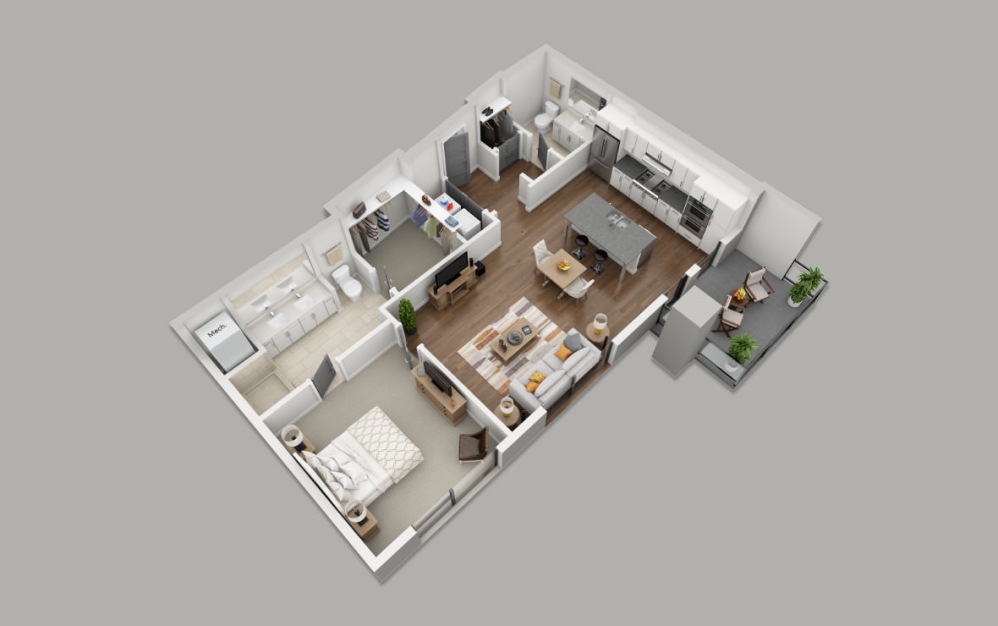 B3 - 1 bedroom floorplan layout with 1.5 bathroom and 941 square feet (3D)