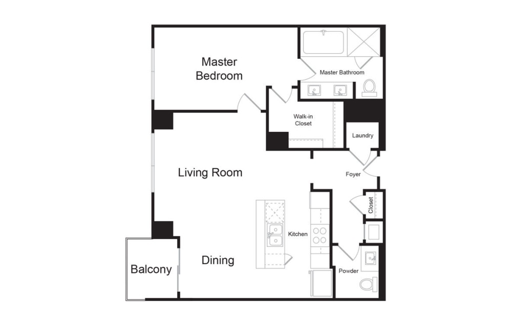 B4 - 1 bedroom floorplan layout with 1.5 bathroom and 993 square feet (2D)