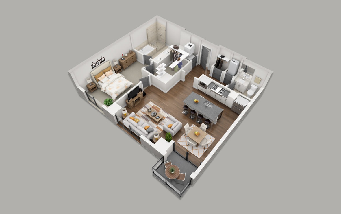 B4 - 1 bedroom floorplan layout with 1.5 bath and 993 square feet. (3D)