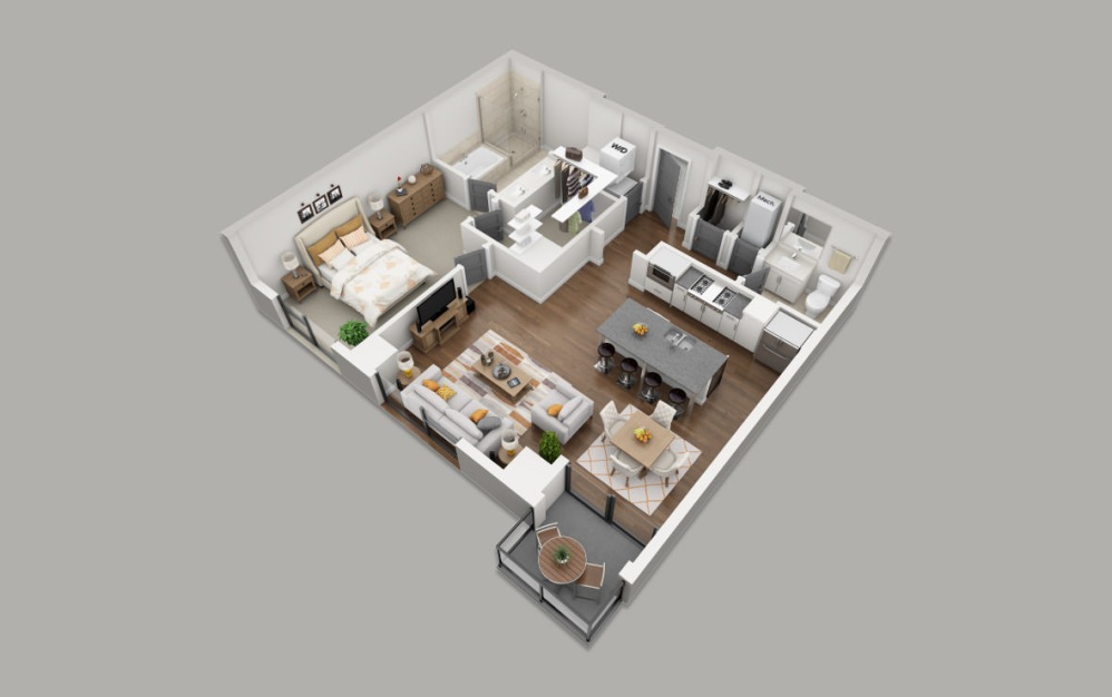 B4 - 1 bedroom floorplan layout with 1.5 bathroom and 993 square feet (3D)