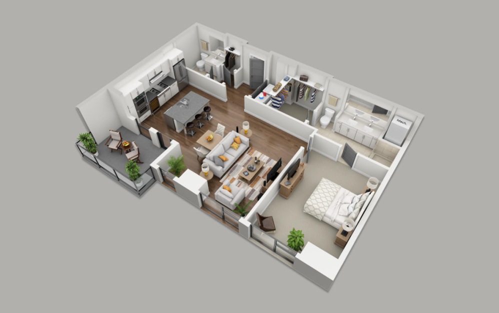 B5 - 1 bedroom floorplan layout with 1.5 bathroom and 993 square feet (3D)