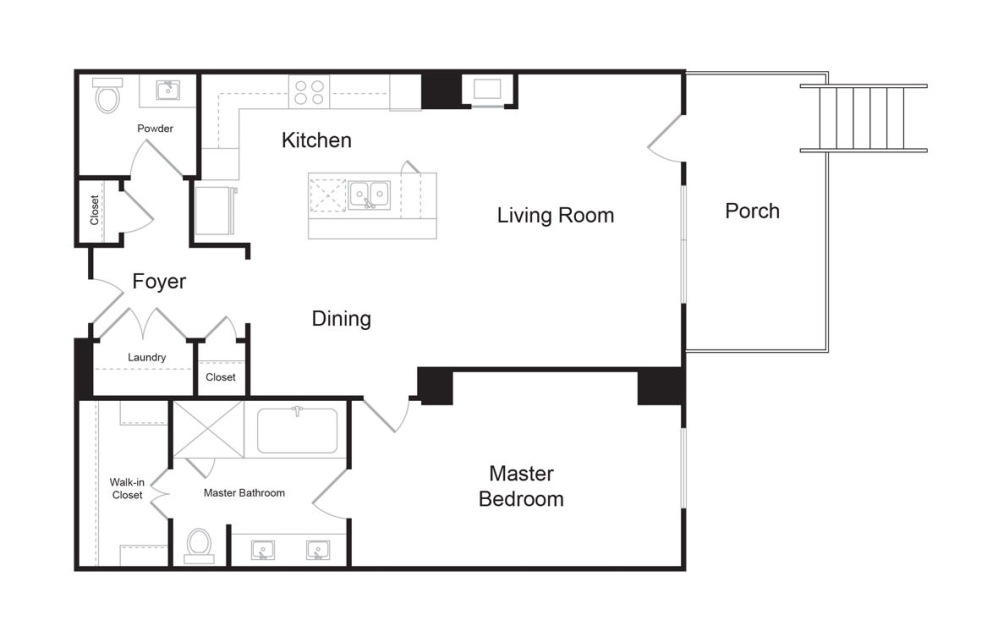 B6B - 1 bedroom floorplan layout with 1.5 bathroom and 1042 square feet (2D)