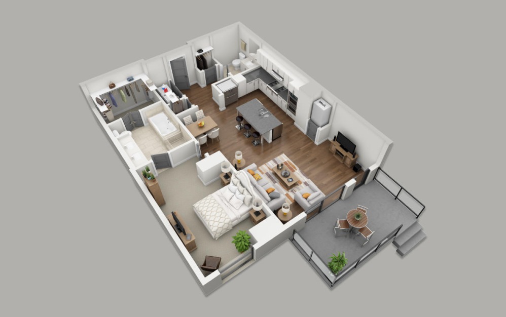 B6B - 1 bedroom floorplan layout with 1.5 bathroom and 1042 square feet (3D)