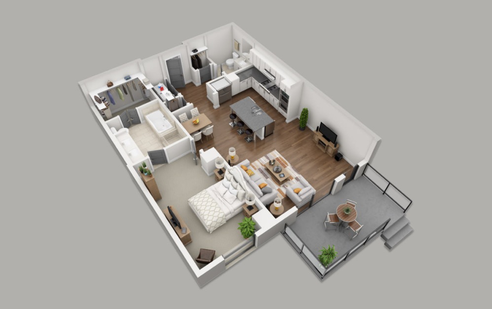 B6 - 1 bedroom floorplan layout with 1.5 bathroom and 1042 square feet (3D)