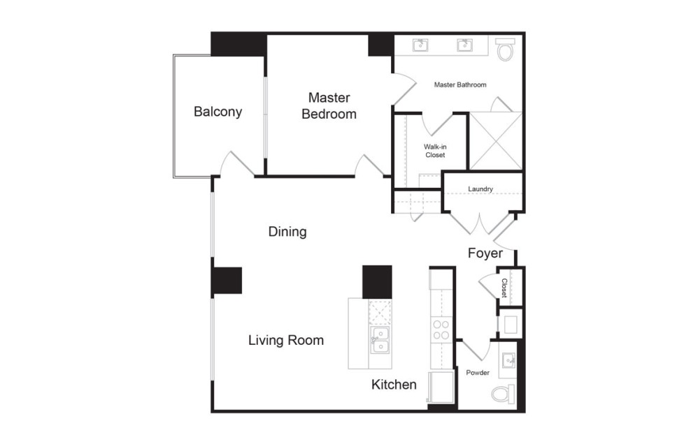 B7-A - 1 bedroom floorplan layout with 1.5 bathroom and 1035 square feet (2D)