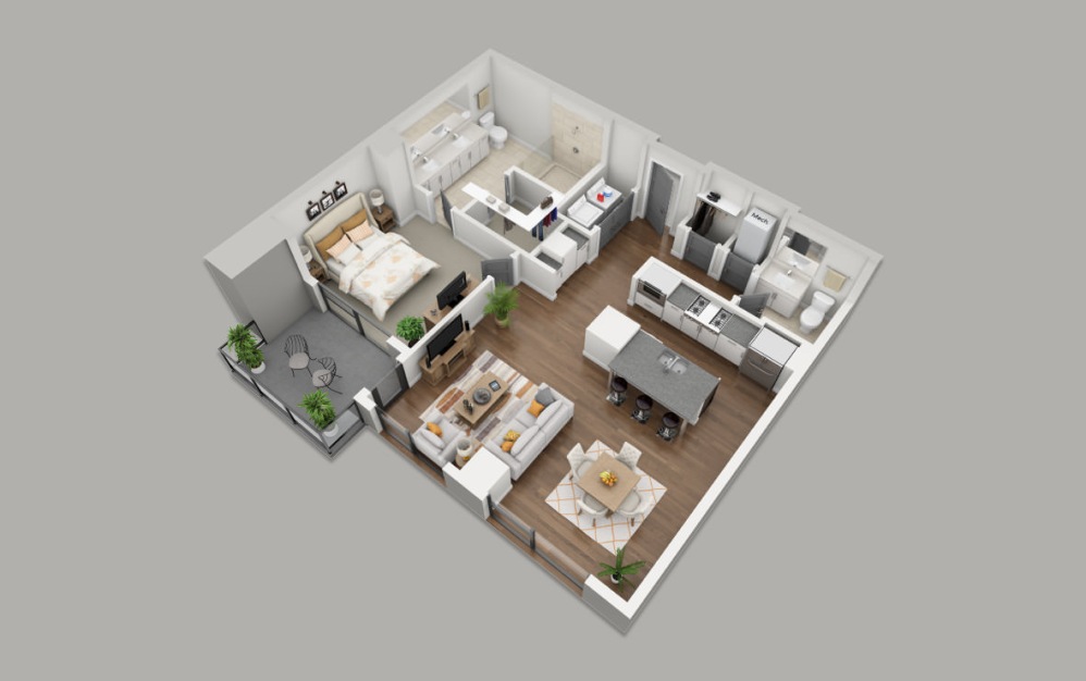 B7-A - 1 bedroom floorplan layout with 1.5 bathroom and 1035 square feet (3D)