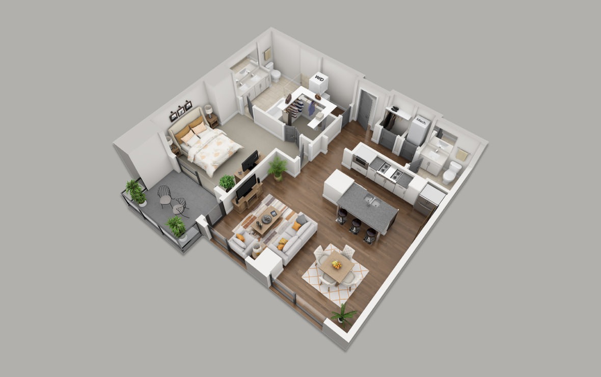 B7 - 1 bedroom floorplan layout with 1.5 bath and 1035 square feet. (3D)