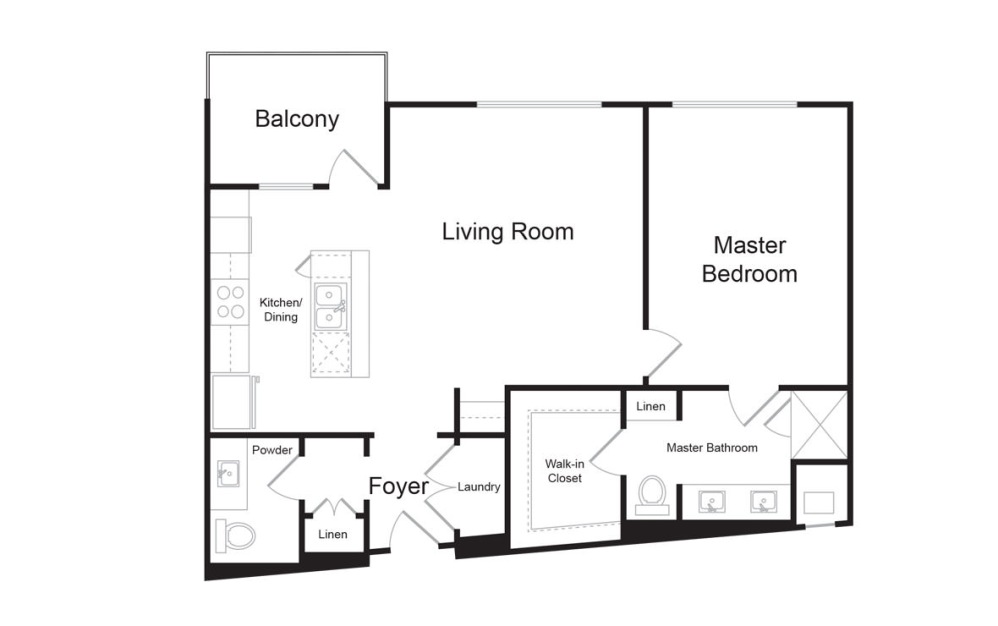 B8 - 1 bedroom floorplan layout with 1.5 bathroom and 1072 square feet (2D)