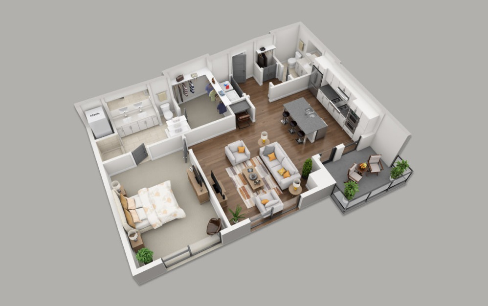 B8 - 1 bedroom floorplan layout with 1.5 bathroom and 1072 square feet (3D)