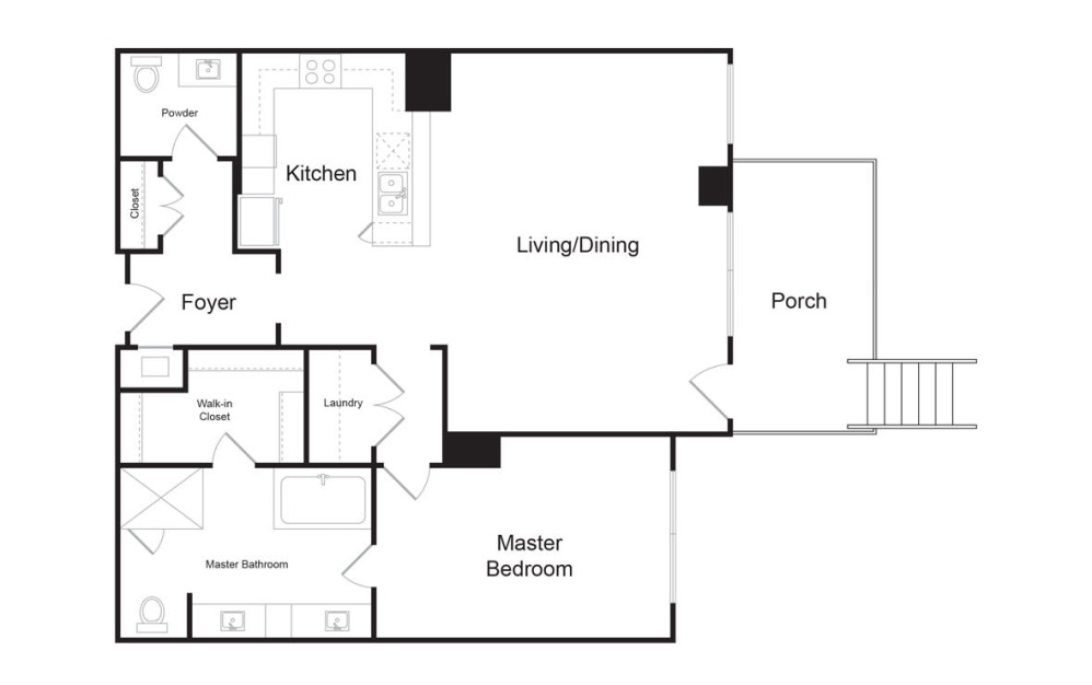 B9 - 1 bedroom floorplan layout with 1.5 bathroom and 1174 square feet (2D)