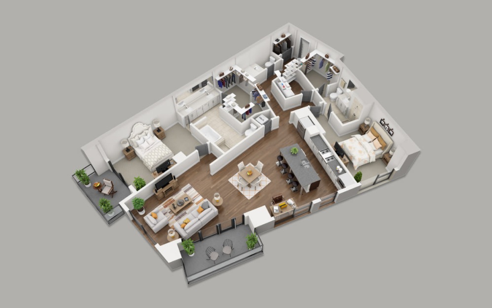 C13 - 2 bedroom floorplan layout with 2.5 bathrooms and 1962 square feet (3D)