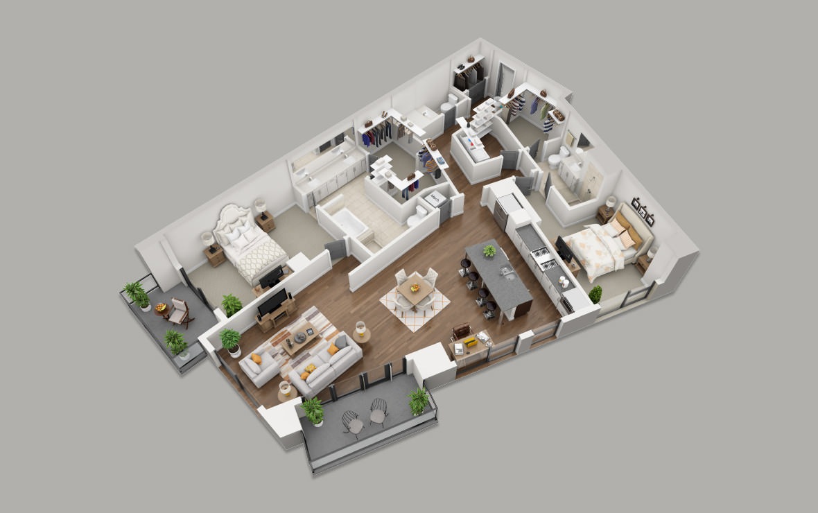C13 - 2 bedroom floorplan layout with 2.5 baths and 1962 square feet. (3D)