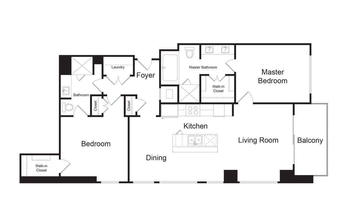 C1B - 2 bedroom floorplan layout with 2 baths and 1407 square feet. (2D)