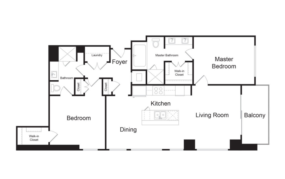 C1B - 2 bedroom floorplan layout with 2 bathrooms and 1407 square feet (2D)