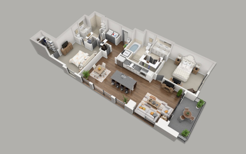 C1B - 2 bedroom floorplan layout with 2 bathrooms and 1407 square feet (3D)