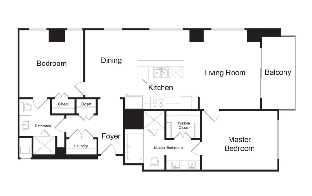 C2 - 2 bedroom floorplan layout with 2 bathrooms and 1375 square feet (2D)