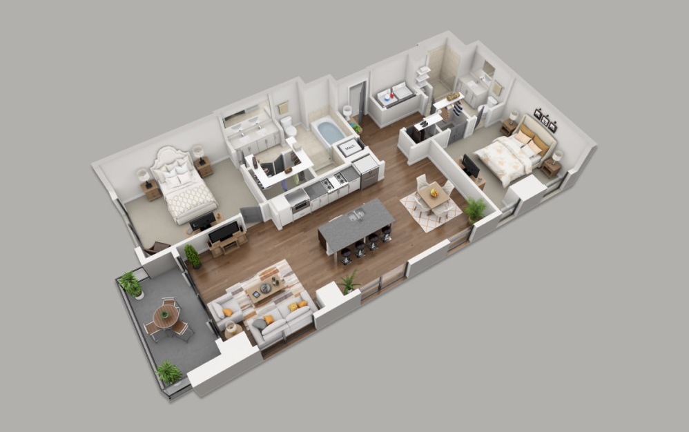 C2 - 2 bedroom floorplan layout with 2 bathrooms and 1375 square feet (3D)