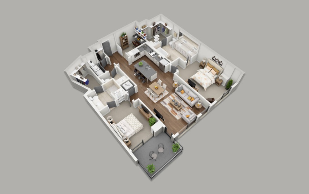 C4 - 2 bedroom floorplan layout with 2.5 bathrooms and 1617 square feet (3D)