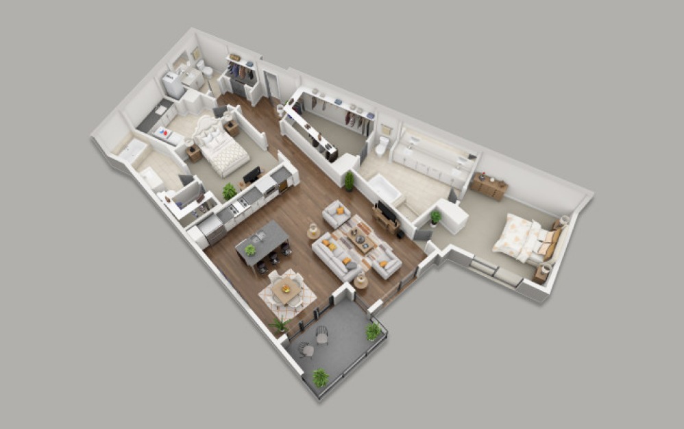 C6A - 2 bedroom floorplan layout with 2.5 bathrooms and 1718 square feet (3D)