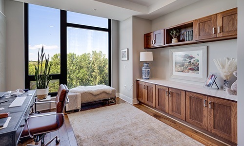 Thoughtful details to elevate your lifestyle office with desk chair shelves and windows